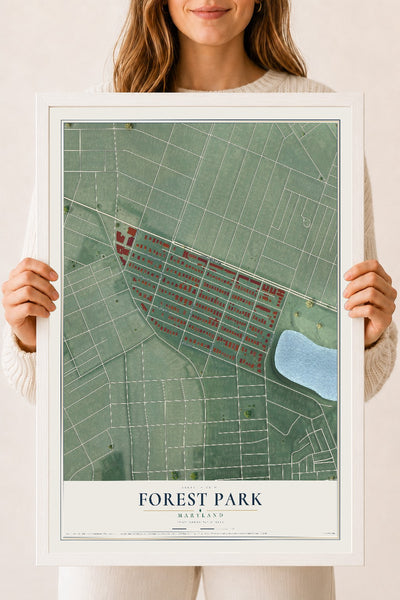 Map of Forest Park, Maryland, 18 x 24 inch print in a white wood frame