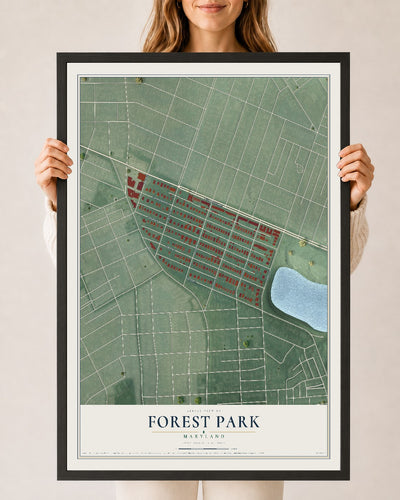 Map of Forest Park, Maryland, 24 x 36 inch print in a black wood frame