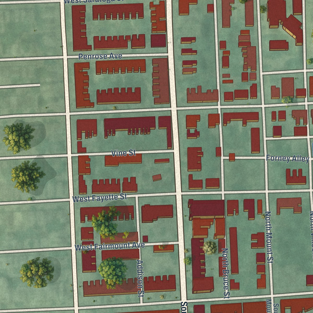 Close-up of the map of Franklin Square, Maryland print showing street and building detail