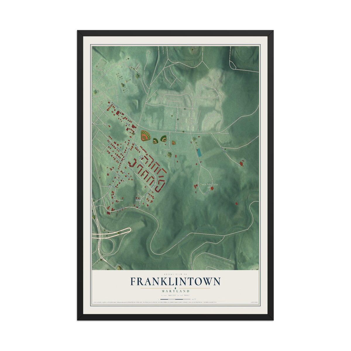 Map of Franklintown, Maryland, 12 x 18 inch print in a black wood frame
