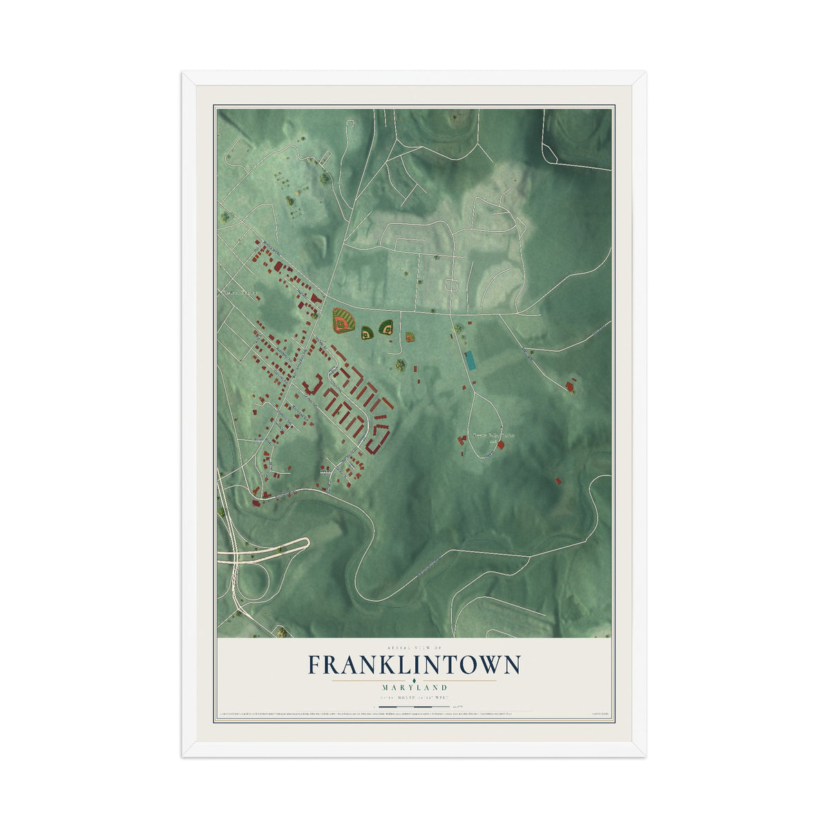 Map of Franklintown, Maryland, 12 x 18 inch print in a white wood frame