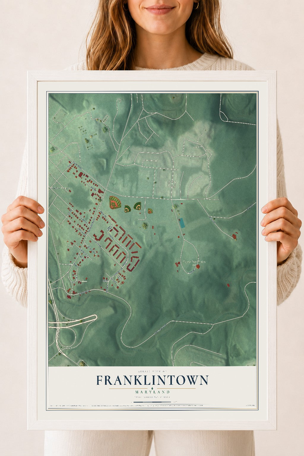 Map of Franklintown, Maryland, 18 x 24 inch print in a white wood frame