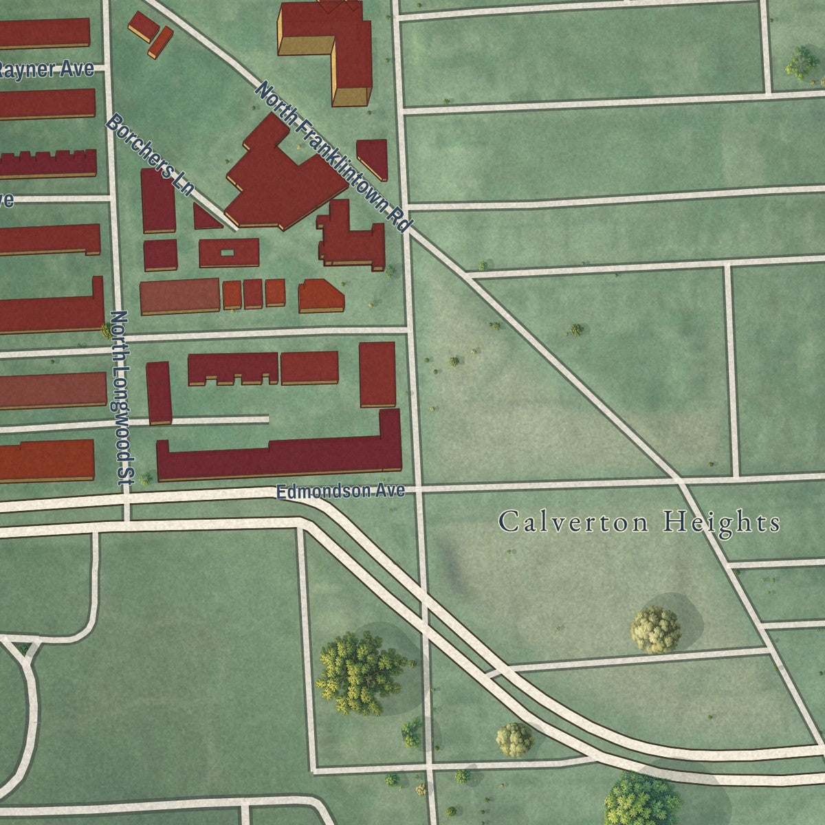 Close-up of the map of Franklintown Road, Maryland print showing street and building detail