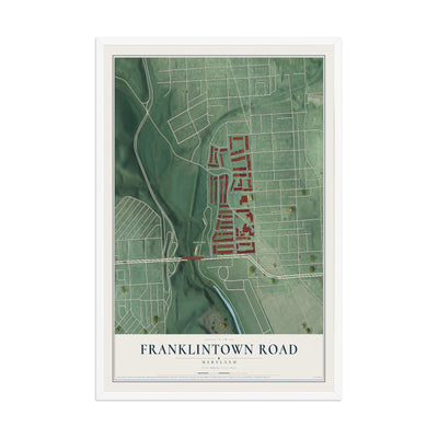 Map of Franklintown Road, Maryland, 12 x 18 inch print in a white wood frame