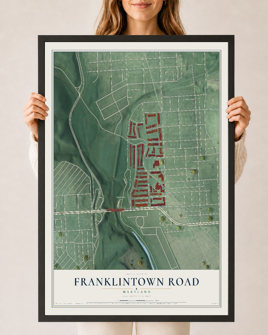 Map of Franklintown Road, Maryland, 24 x 36 inch print in a black wood frame