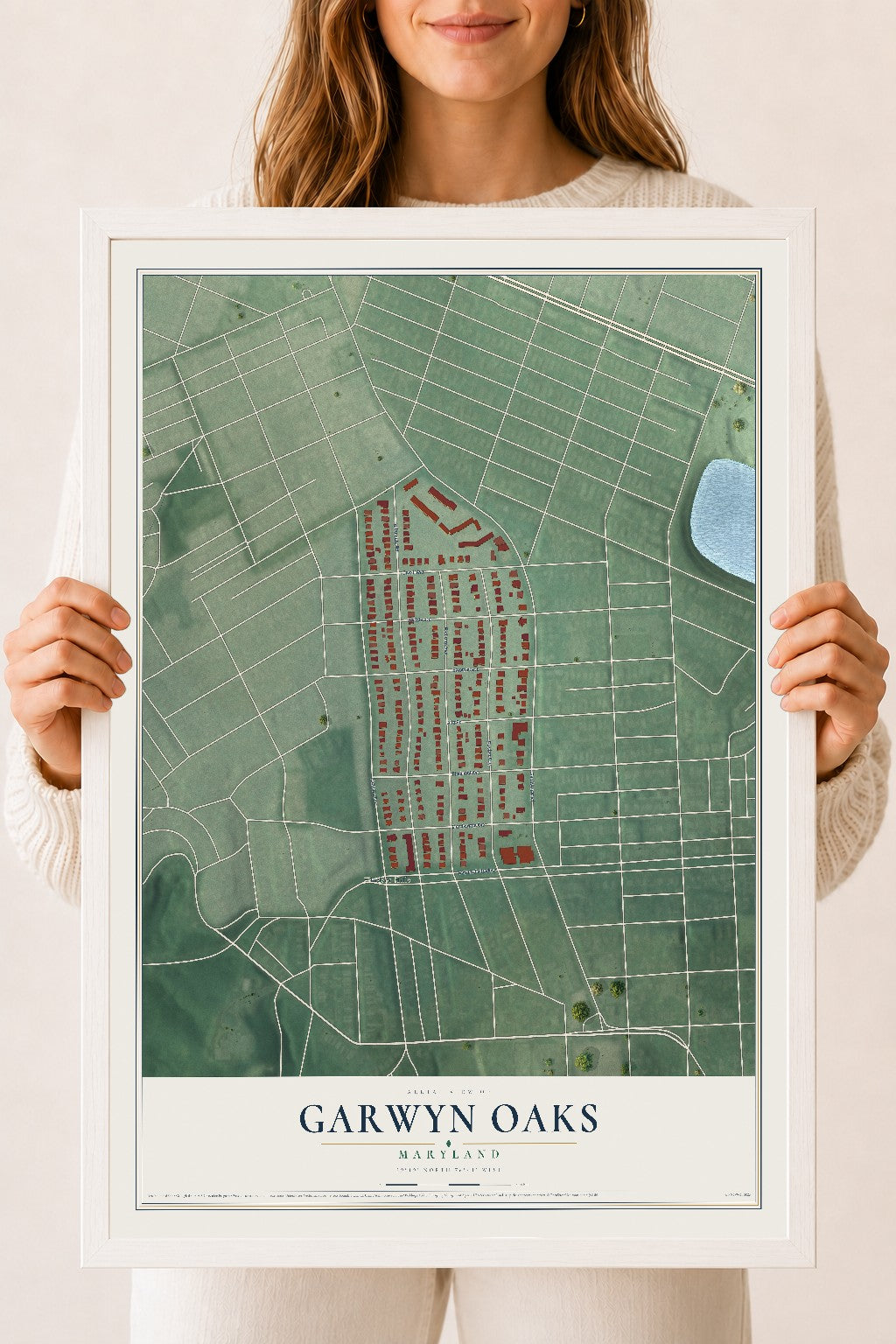 Map of Garwyn Oaks, Maryland, 18 x 24 inch print in a white wood frame