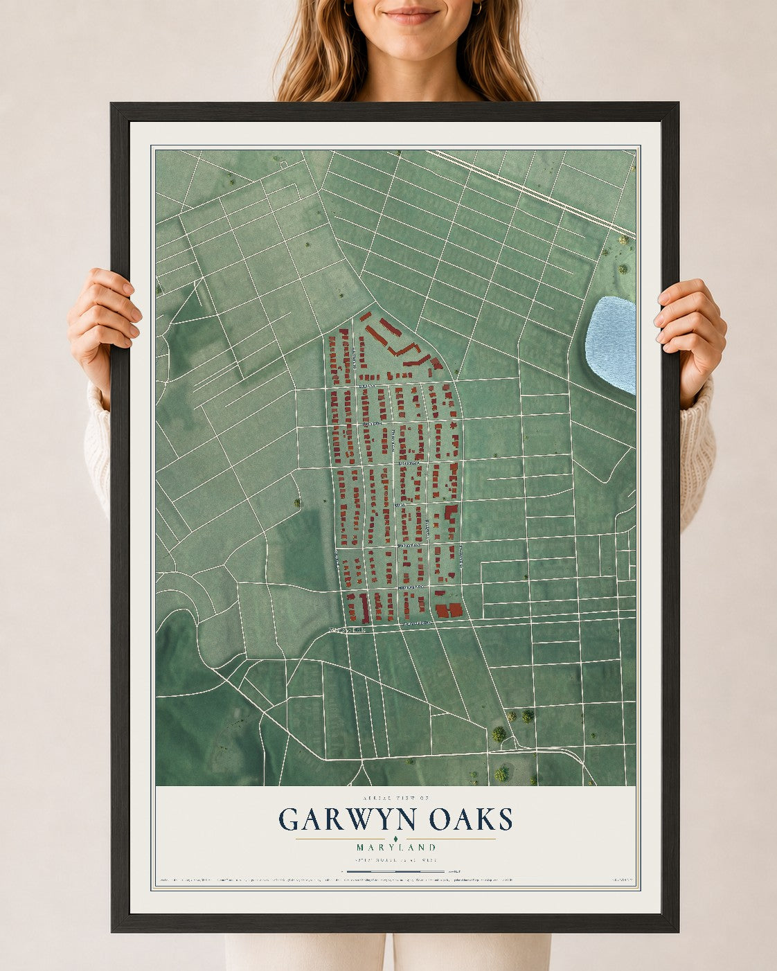 Map of Garwyn Oaks, Maryland, 24 x 36 inch print in a black wood frame