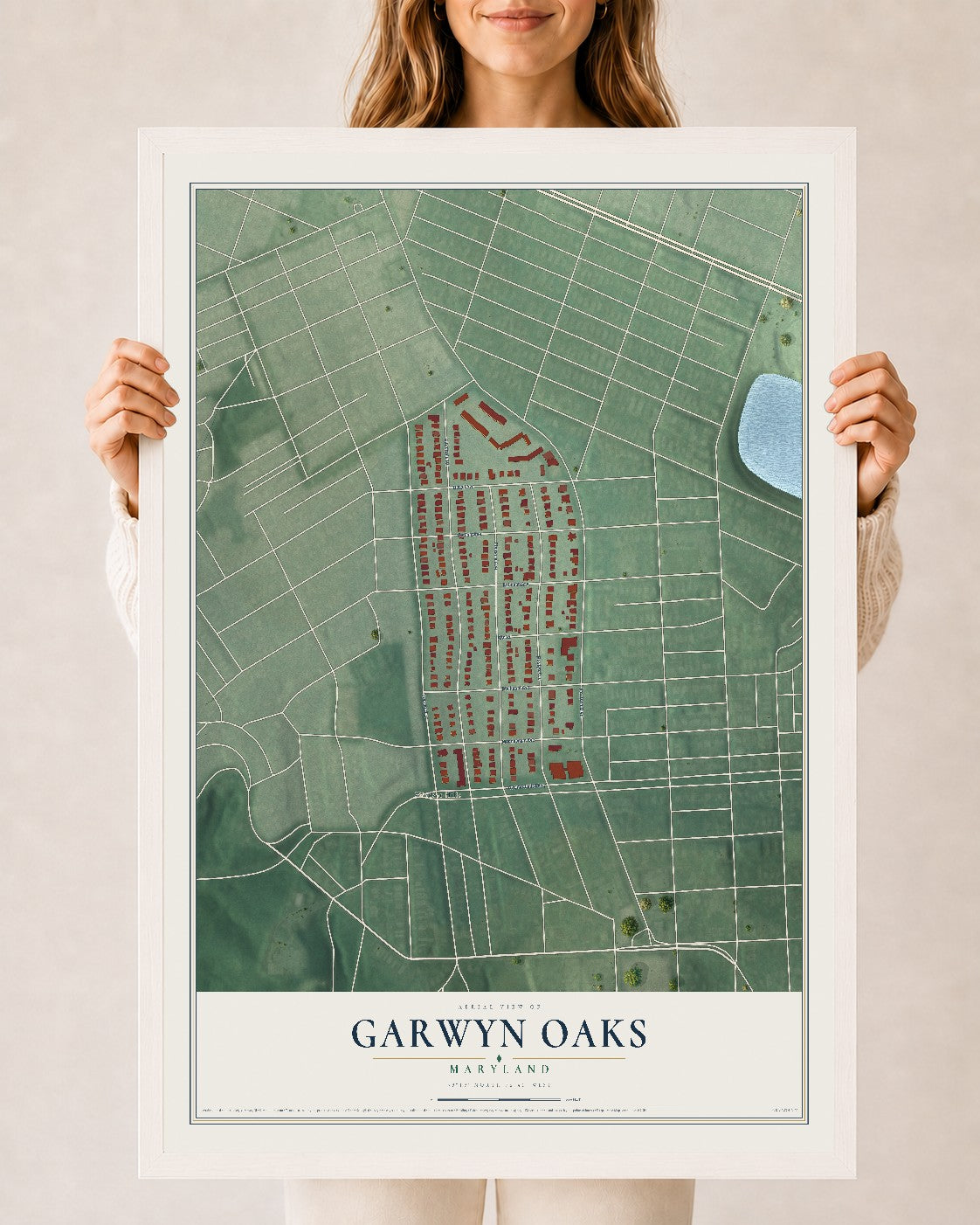 Map of Garwyn Oaks, Maryland, 24 x 36 inch print in a white wood frame