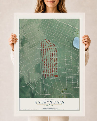 Map of Garwyn Oaks, Maryland, 24 x 36 inch print in a white wood frame