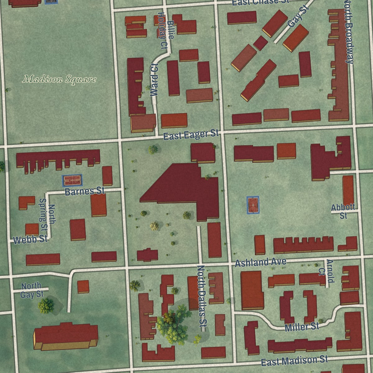 Close-up of the map of Gay Street, Maryland print showing street and building detail
