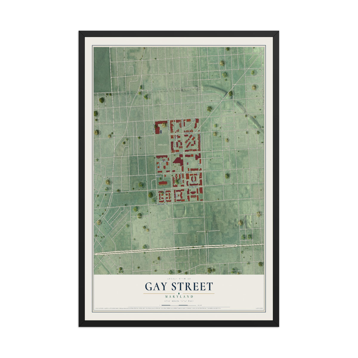 Map of Gay Street, Maryland, 12 x 18 inch print in a black wood frame