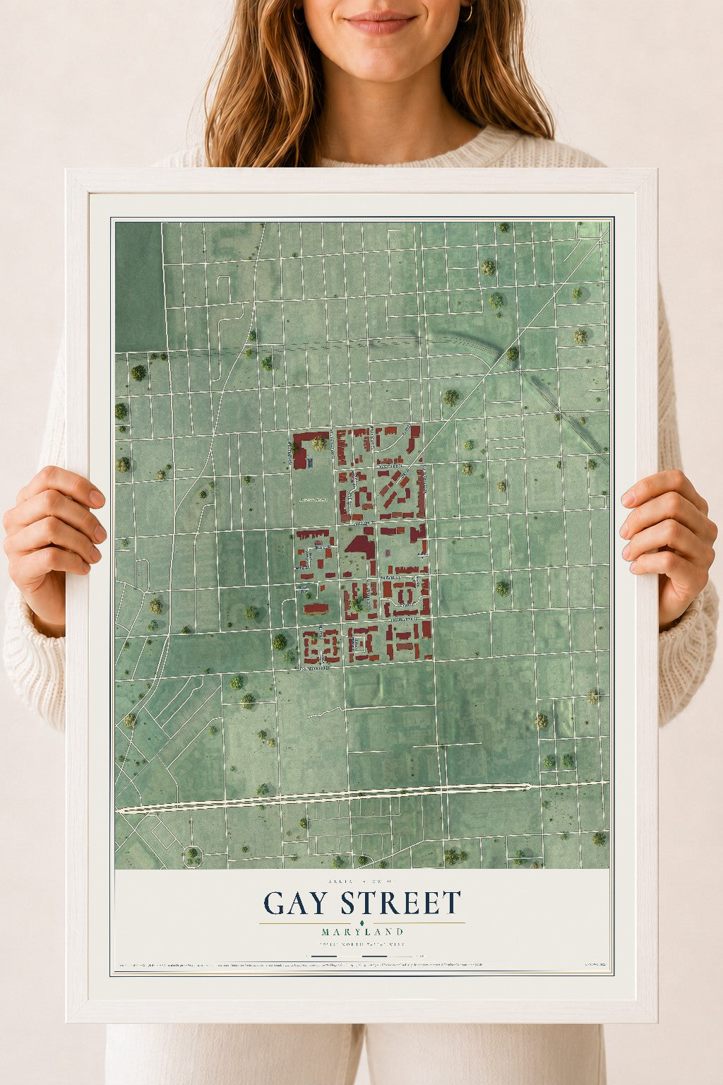 Map of Gay Street, Maryland, 18 x 24 inch print in a white wood frame