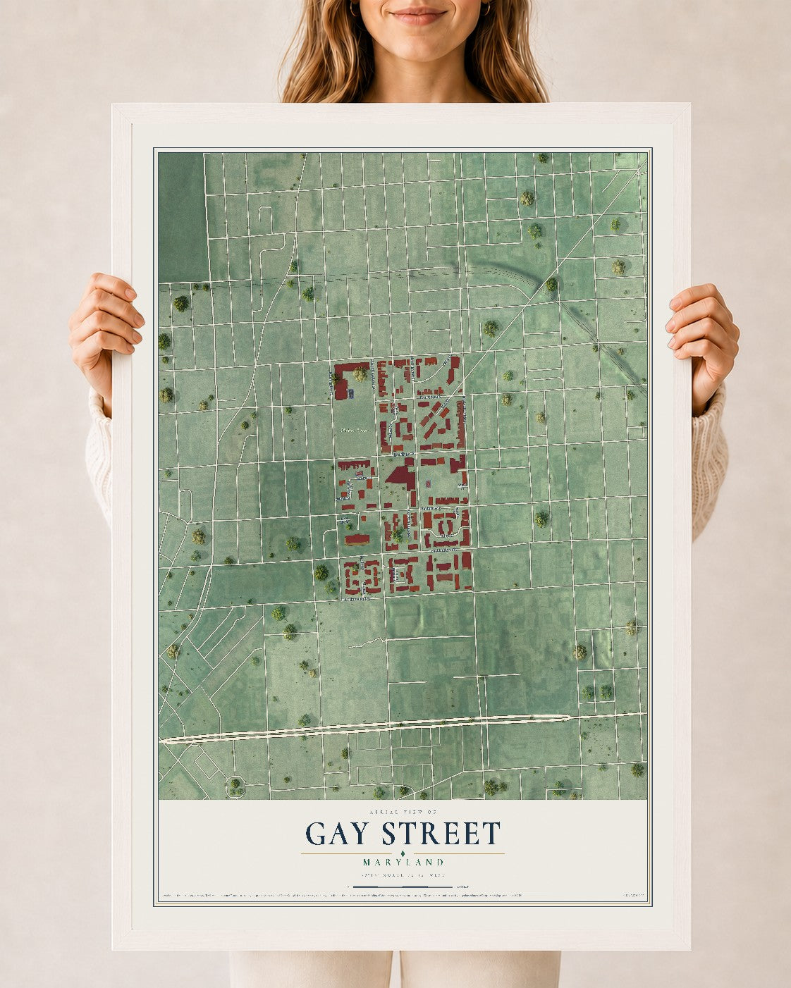 Map of Gay Street, Maryland, 24 x 36 inch print in a white wood frame