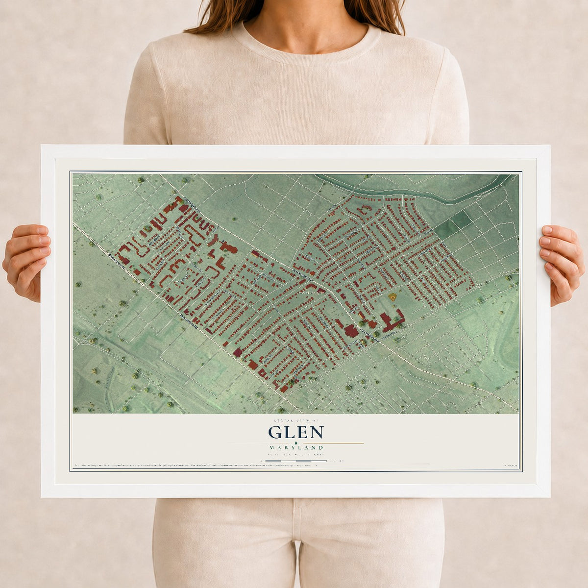 Map of Glen, Maryland, 12 x 18 inch print in a white wood frame