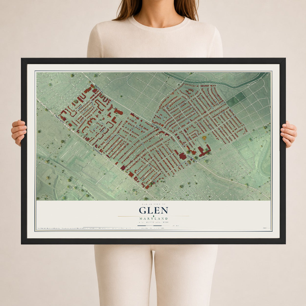 Map of Glen, Maryland, 24 x 36 inch print in a black wood frame