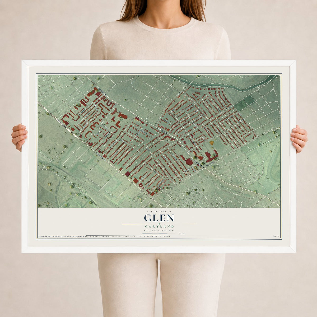 Map of Glen, Maryland, 24 x 36 inch print in a white wood frame