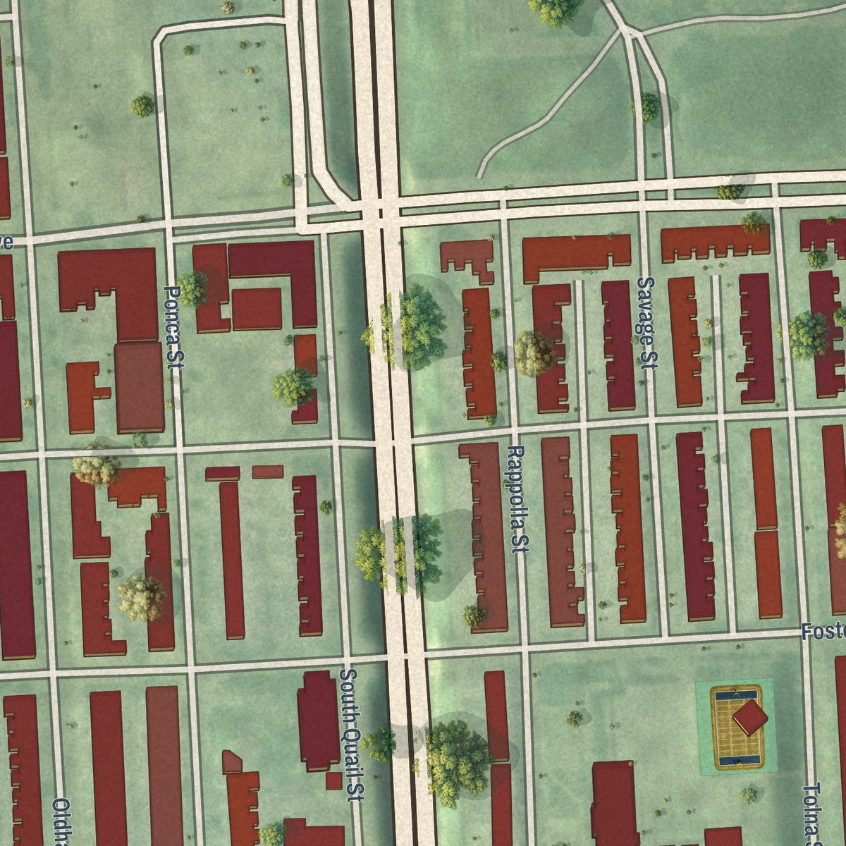 Close-up of the map of Greektown, Maryland print showing street and building detail