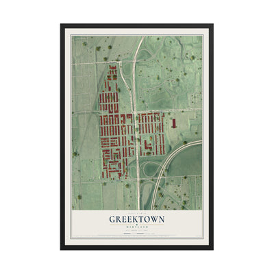 Map of Greektown, Maryland, 12 x 18 inch print in a black wood frame