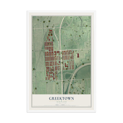 Map of Greektown, Maryland, 12 x 18 inch print in a white wood frame
