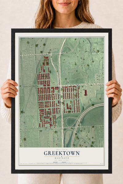 Map of Greektown, Maryland, 18 x 24 inch print in a black wood frame