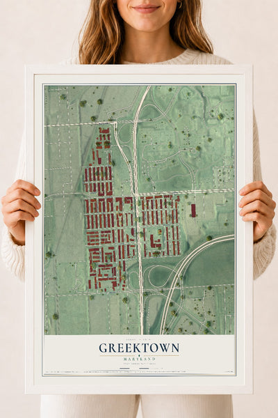 Map of Greektown, Maryland, 18 x 24 inch print in a white wood frame