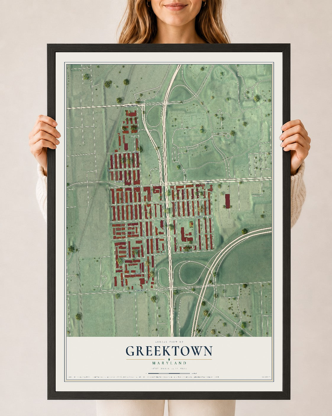 Map of Greektown, Maryland, 24 x 36 inch print in a black wood frame