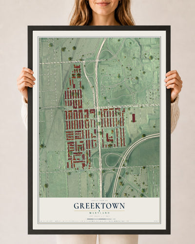 Map of Greektown, Maryland, 24 x 36 inch print in a black wood frame