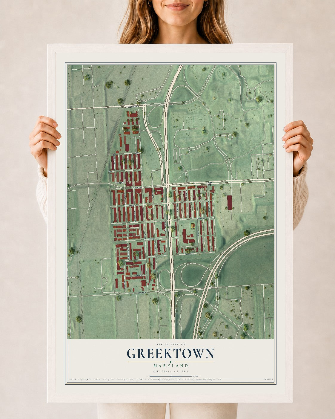 Map of Greektown, Maryland, 24 x 36 inch print in a white wood frame