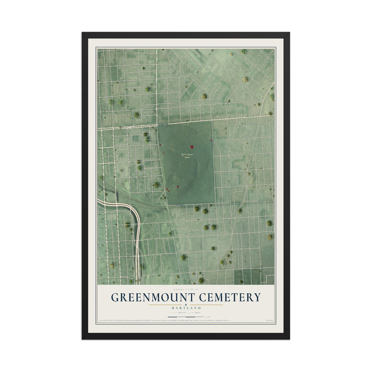 Map of Greenmount Cemetery, Maryland, 12 x 18 inch print in a black wood frame