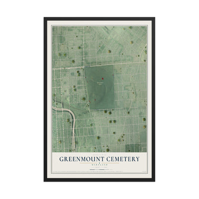 Map of Greenmount Cemetery, Maryland, 12 x 18 inch print in a black wood frame