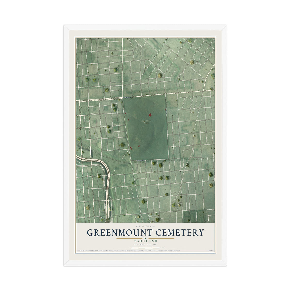 Map of Greenmount Cemetery, Maryland, 12 x 18 inch print in a white wood frame