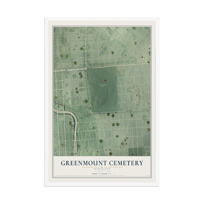 Map of Greenmount Cemetery, Maryland, 12 x 18 inch print in a white wood frame