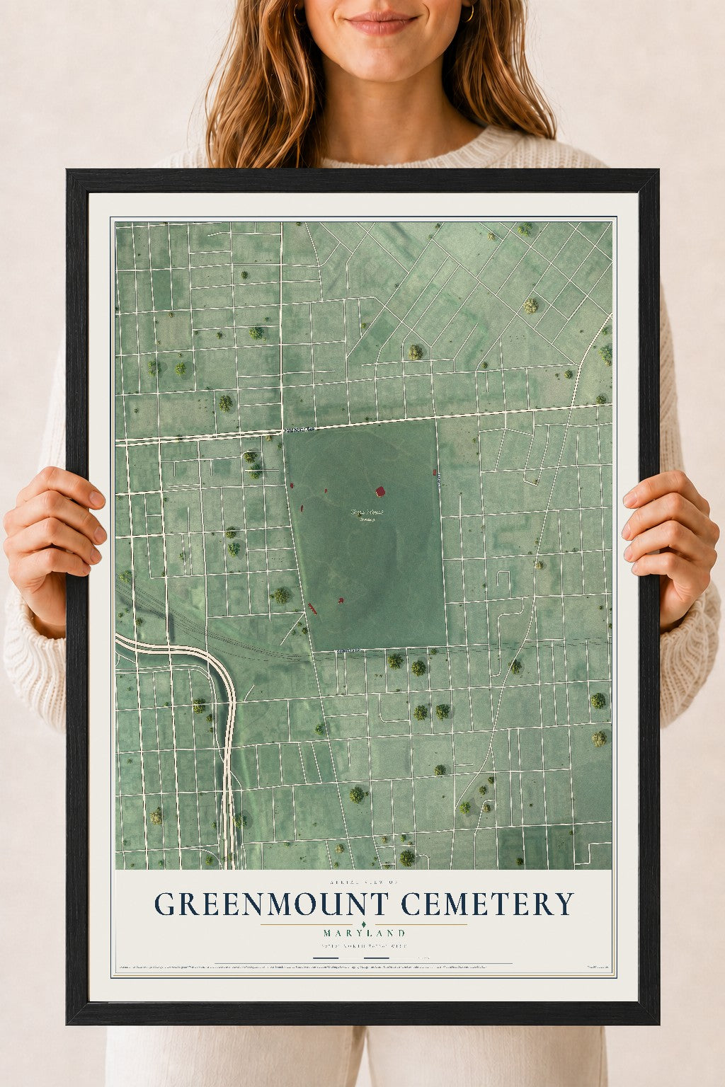 Map of Greenmount Cemetery, Maryland, 18 x 24 inch print in a black wood frame