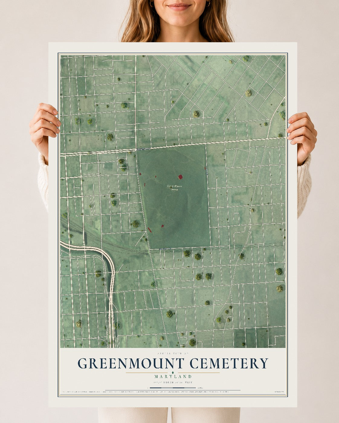 Map of Greenmount Cemetery, Maryland, 24 x 36 inch unframed archival matte print