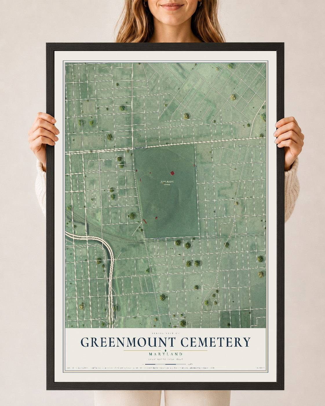 Map of Greenmount Cemetery, Maryland, 24 x 36 inch print in a black wood frame