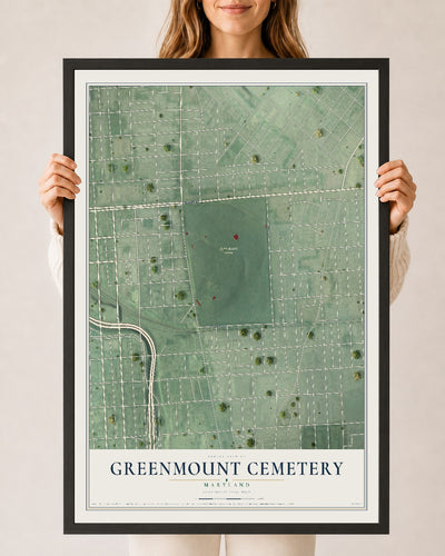 Map of Greenmount Cemetery, Maryland, 24 x 36 inch print in a black wood frame