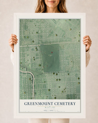 Map of Greenmount Cemetery, Maryland, 24 x 36 inch print in a white wood frame