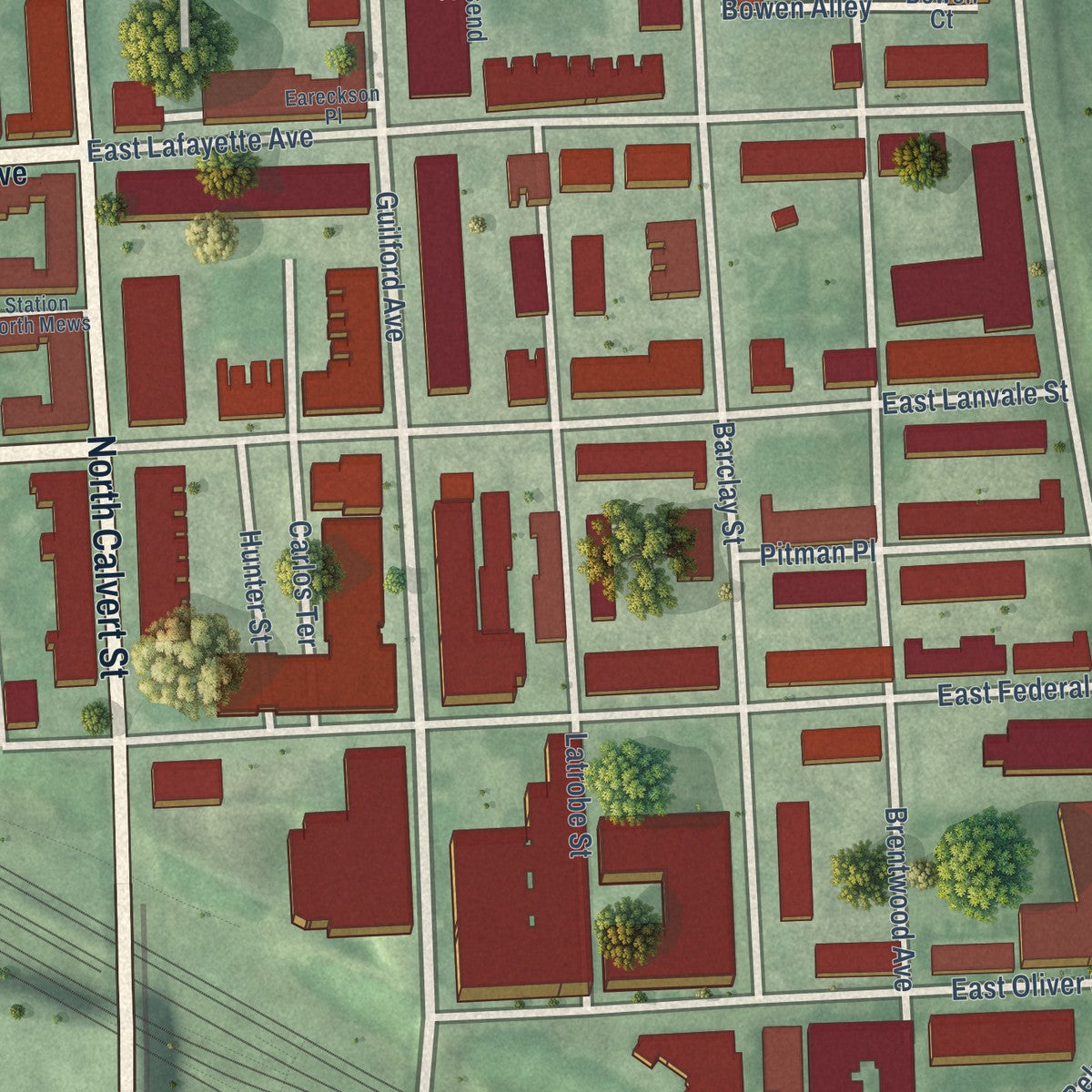 Close-up of the map of Greenmount West, Maryland print showing street and building detail