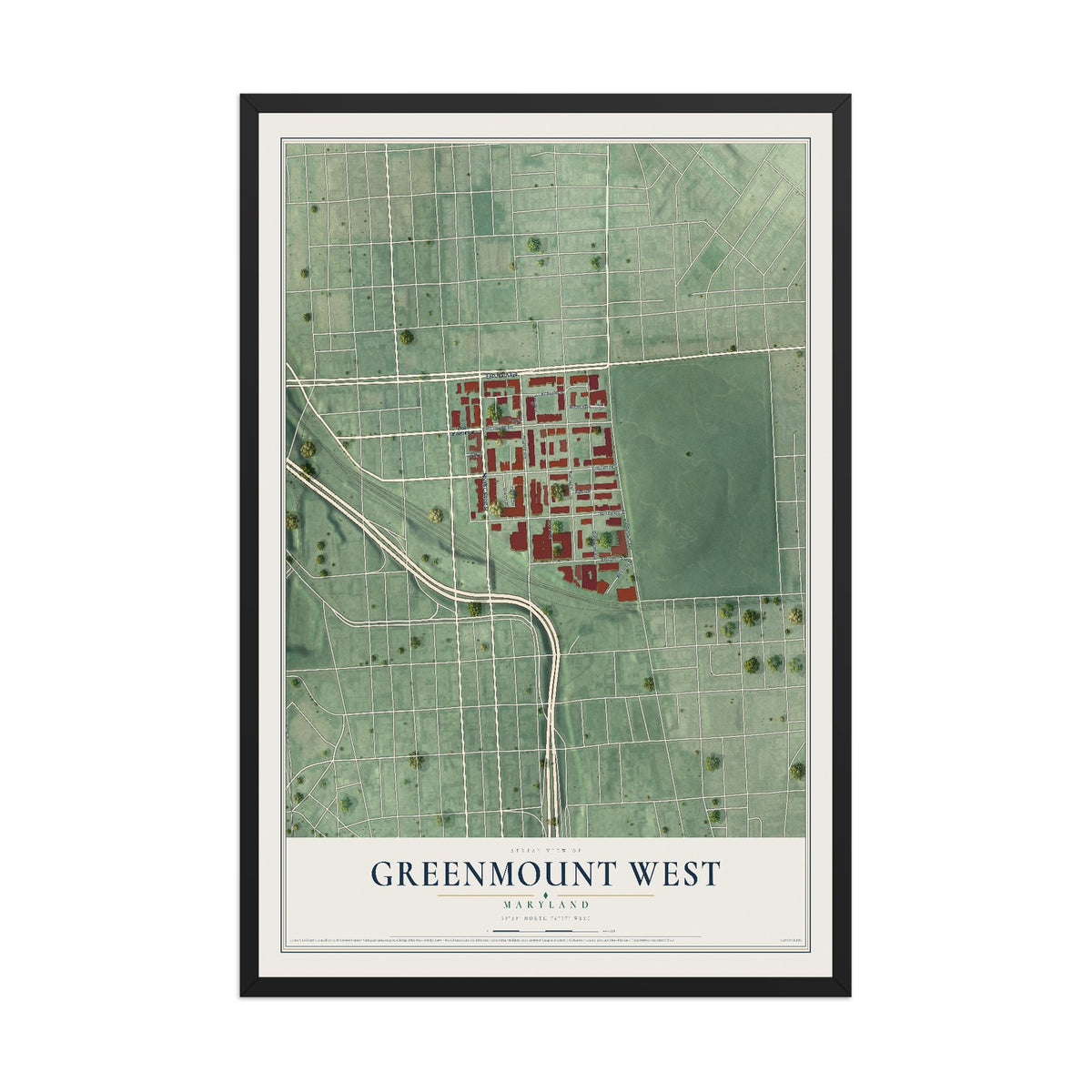 Map of Greenmount West, Maryland, 12 x 18 inch print in a black wood frame