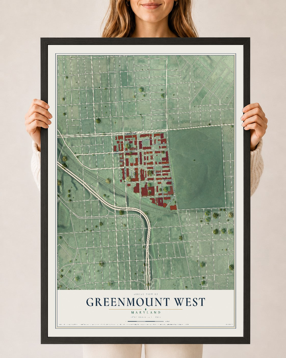 Map of Greenmount West, Maryland, 24 x 36 inch print in a black wood frame