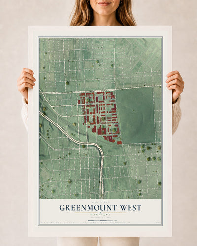 Map of Greenmount West, Maryland, 24 x 36 inch print in a white wood frame