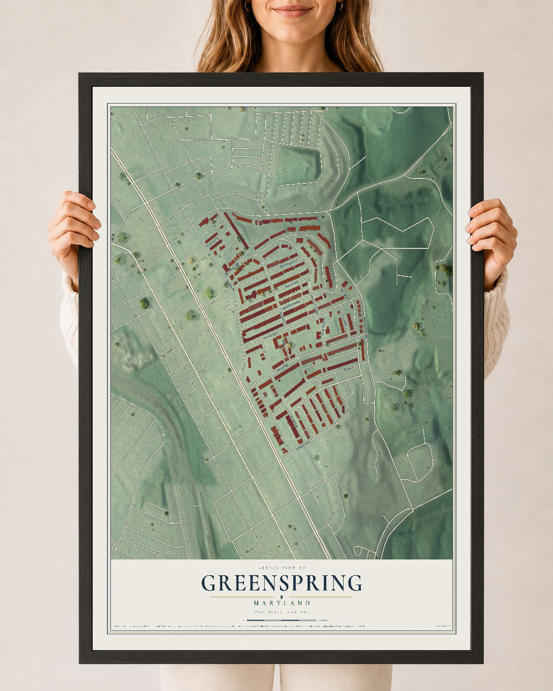 Map of Greenspring, Maryland, 24 x 36 inch print in a black wood frame