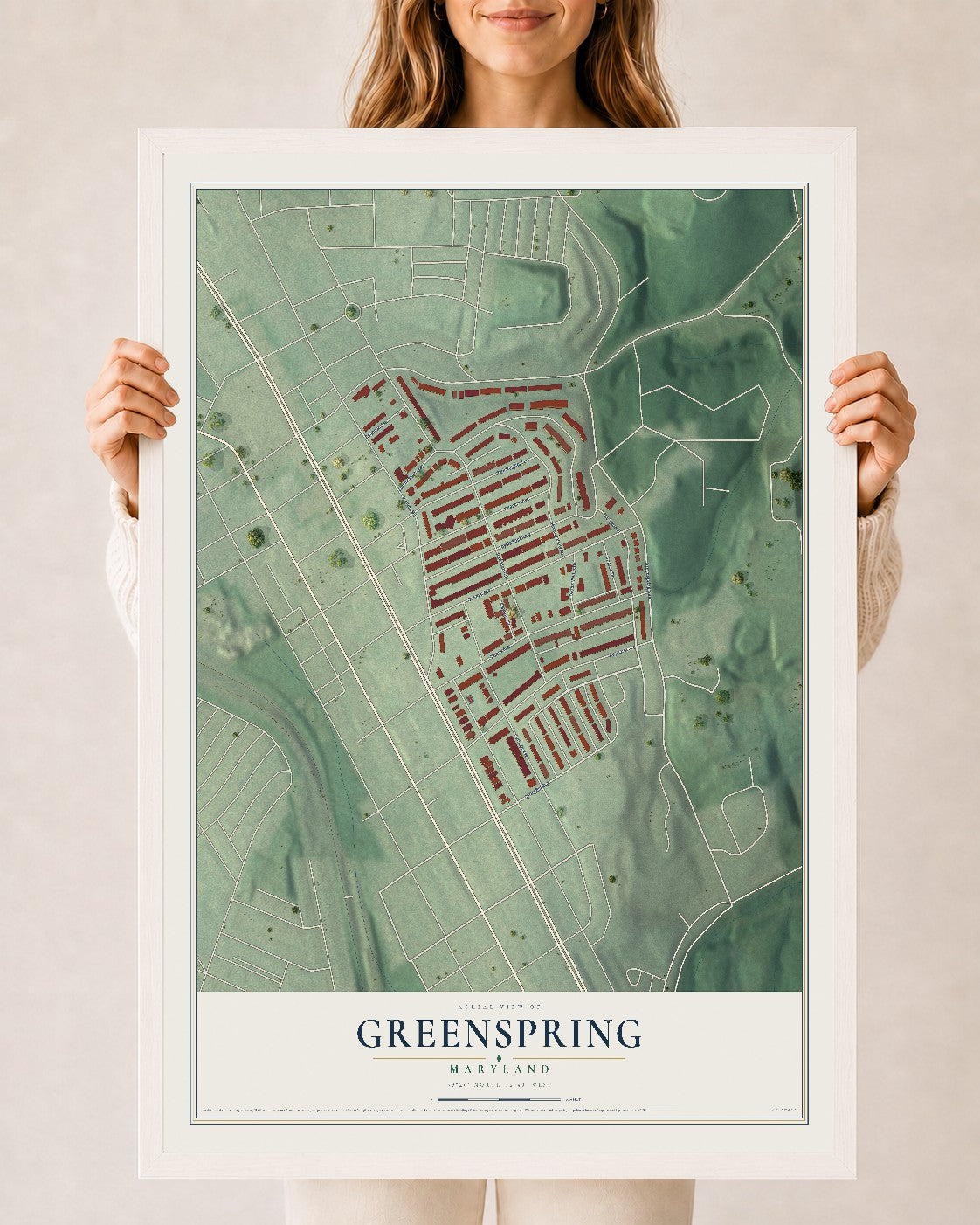 Map of Greenspring, Maryland, 24 x 36 inch print in a white wood frame
