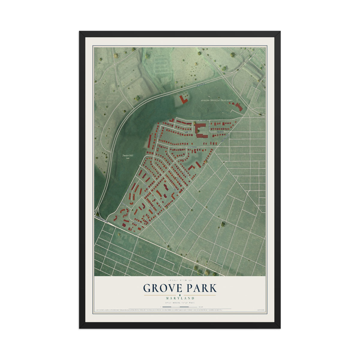 Map of Grove Park, Maryland, 12 x 18 inch print in a black wood frame