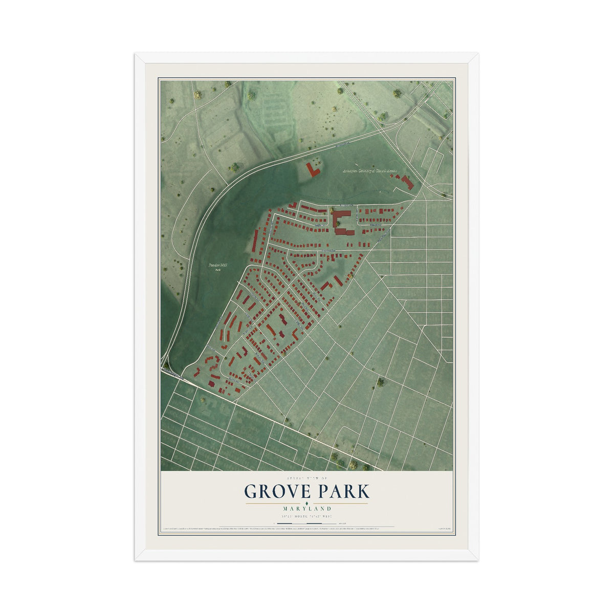 Map of Grove Park, Maryland, 12 x 18 inch print in a white wood frame
