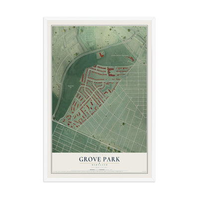 Map of Grove Park, Maryland, 12 x 18 inch print in a white wood frame