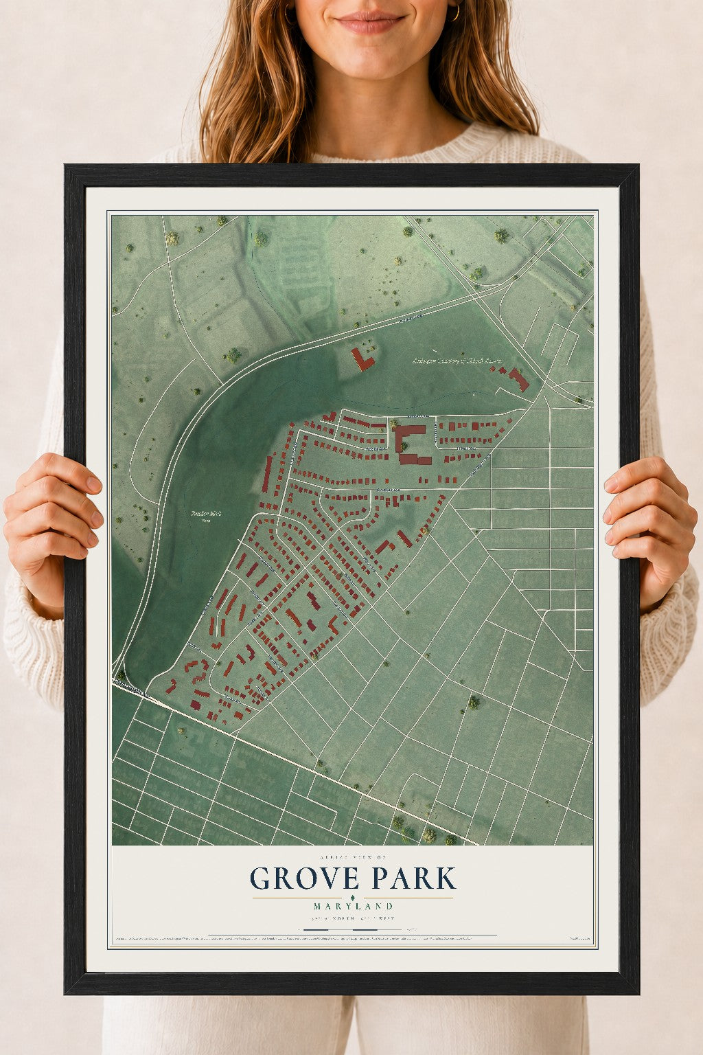 Map of Grove Park, Maryland, 18 x 24 inch print in a black wood frame