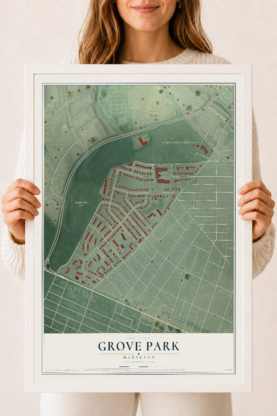 Map of Grove Park, Maryland, 18 x 24 inch print in a white wood frame