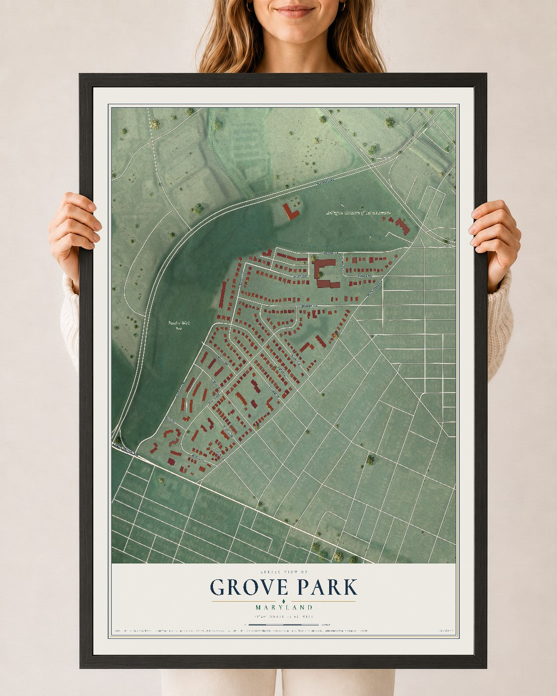 Map of Grove Park, Maryland, 24 x 36 inch print in a black wood frame