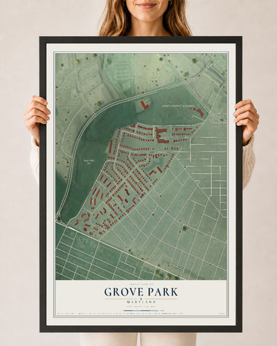 Map of Grove Park, Maryland, 24 x 36 inch print in a black wood frame